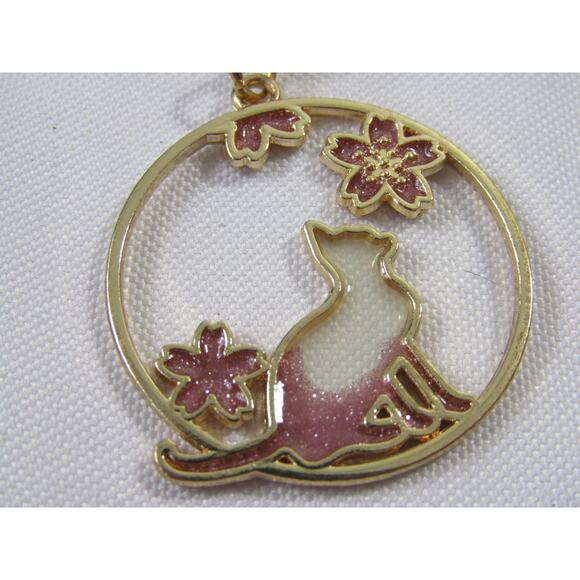 Kitty Cat Pink Floral Sparkly Key Ring/Chain Boho Artsy Flowers Gold Tone - Picture 3 of 5
